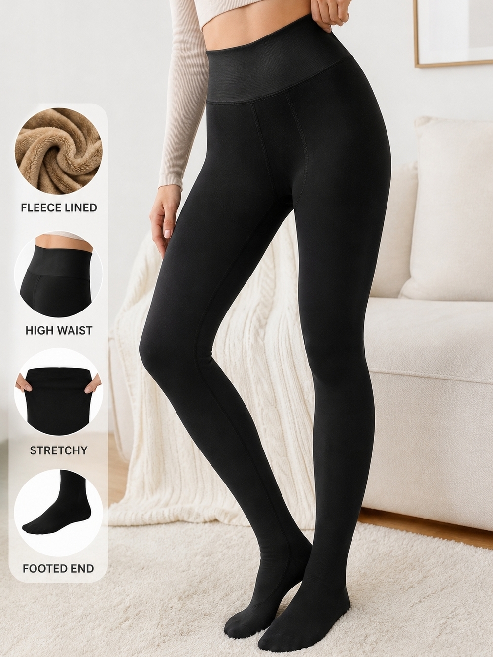 Women’s Fleece Lined Leggings Black High Waisted Thermal Stretch Winter Warm Pan